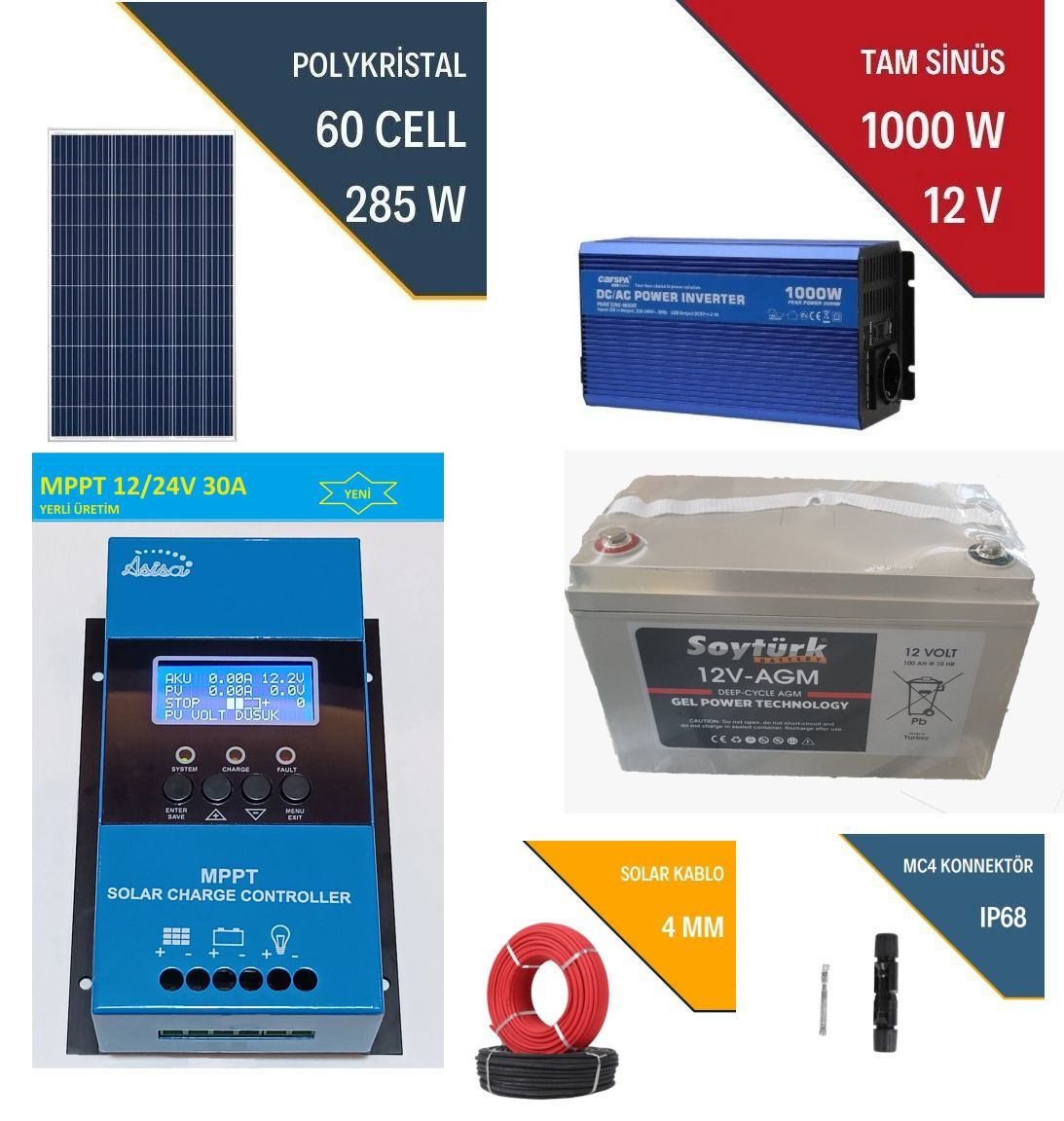 GÜNEŞ ENERJİSİ TV AYDINLATMA MİNİ BUZDOLABI SETİ-1KVA İNVERTÖR,30A MPPT,285Wp PANEL,100AH JEL AKÜ